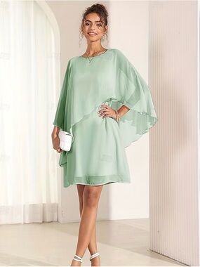 Elegant Mint Green Chiffon Cape Sleeve Dress - Womens Small